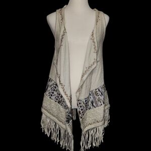 Miss Me Ivory Fringed Embroderied Bohowestern Flyaway Vest LARGE Tribal Cowgirl